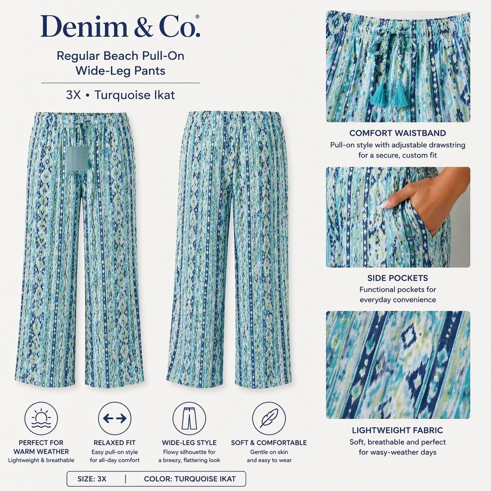 Denim & Co Womens 3X Turquoise Ikat Beach Pull-On Wide-Leg Pants Plus Size NEW